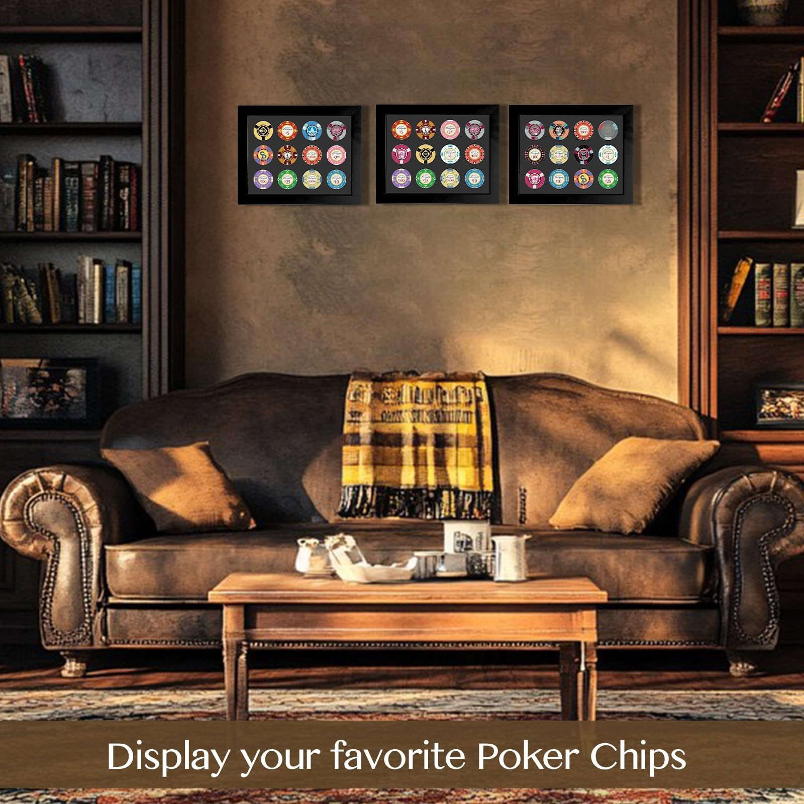 12 Chip Poker Display Frame - Wall Mount/Tabletop, EVA Foam Lining, Black Flocke gallery