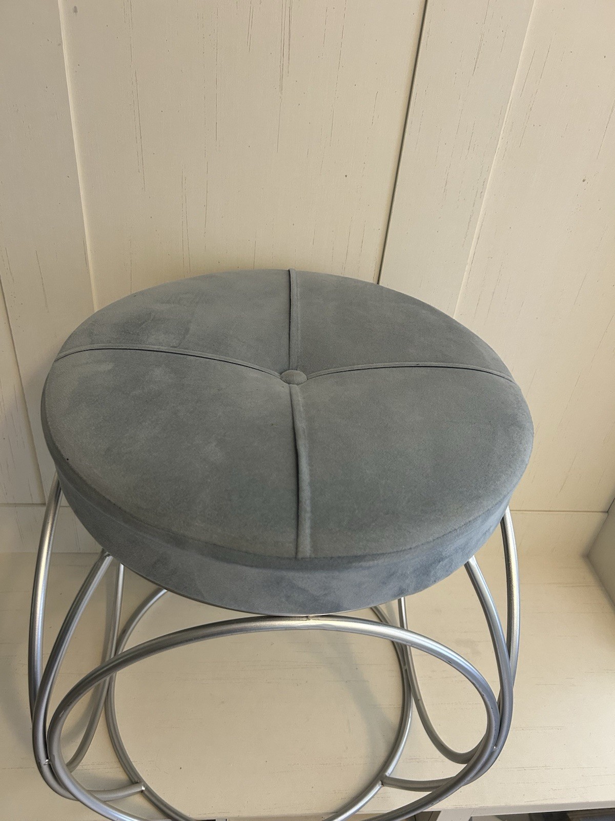 Round slate Gray Tufted Ottoman Footstool with Metal Ring Base, Fully Assembled gallery