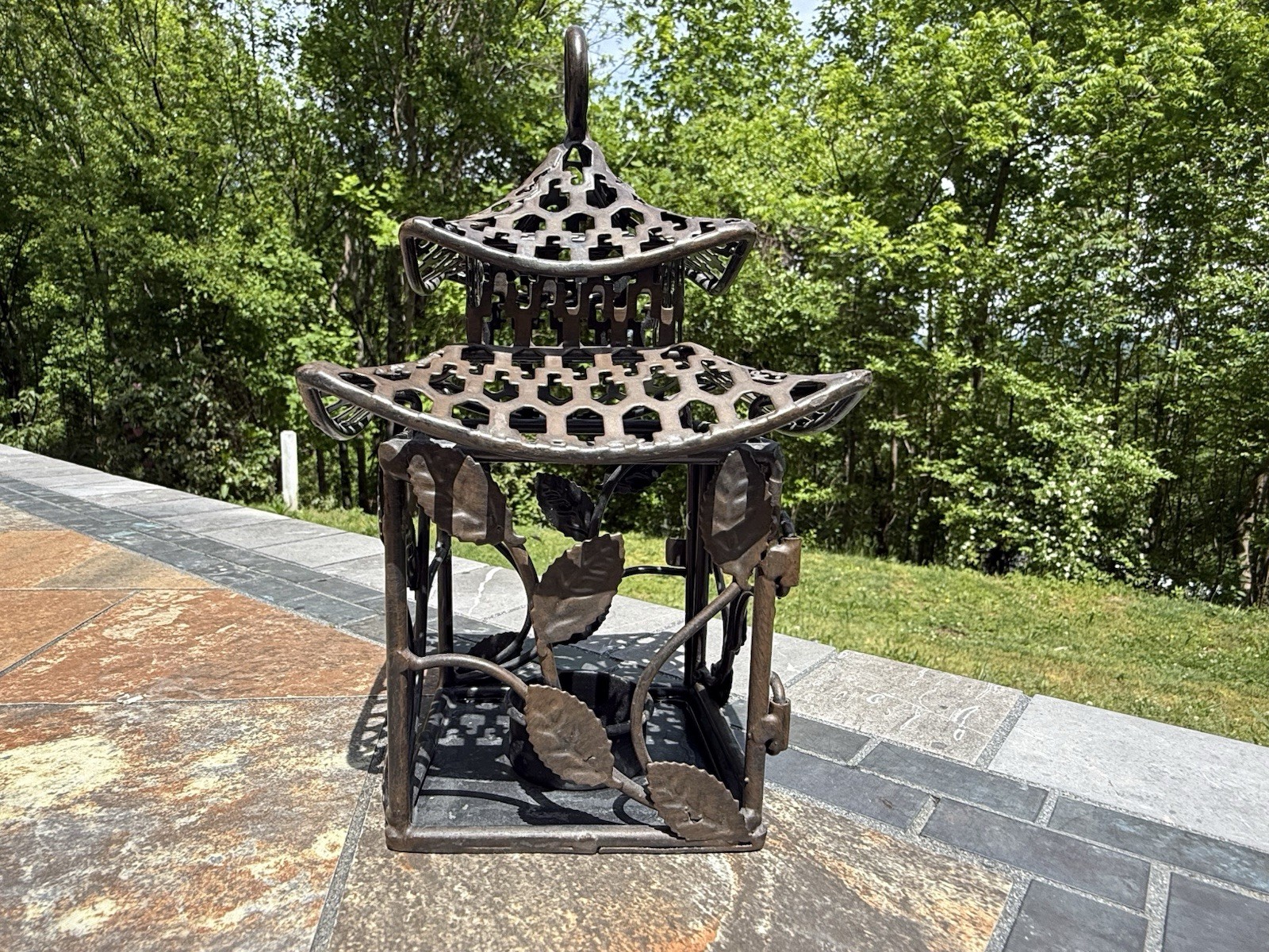 Vintage Cast Metal Pagoda Lantern / Decorative Asian-Style Outdoor Sculpture gallery