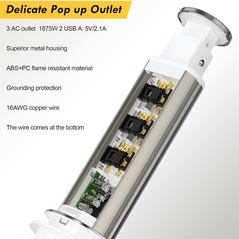 Pop up Outlet for Countertop, Receptacle Power Strip with 3 AC Outlet 2 USB Port gallery