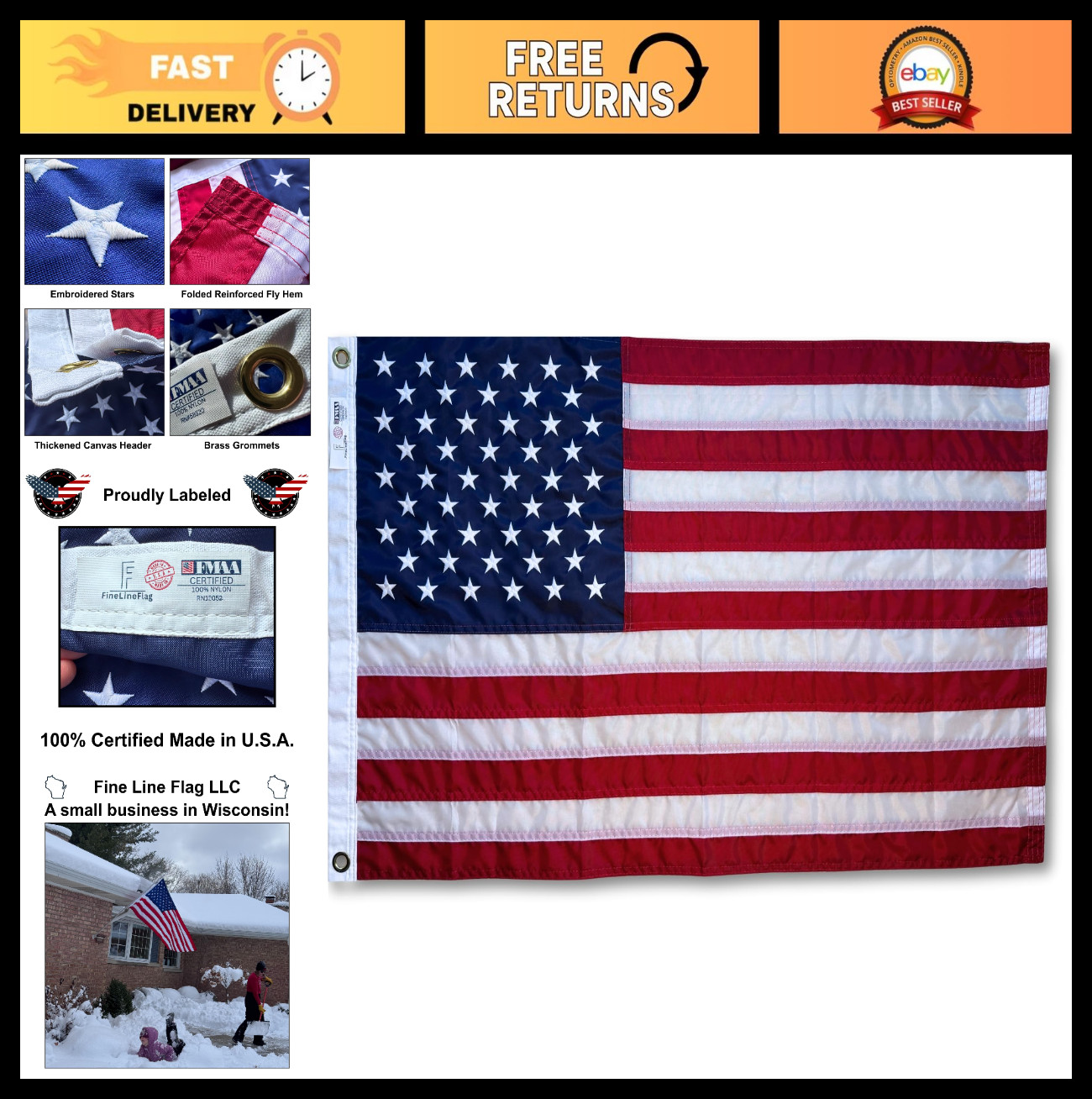 Heavy-Duty 2x3 ft American Flag - UV-Resistant Nylon, Embroidered Stars, Brass G gallery