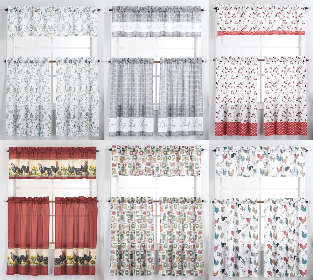 3 Piece Kitchen Window Curtain Panel Tiers & Valance Set - Various Designs