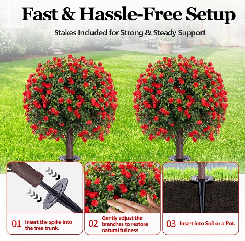 2 Pack Artificial Red Rose Topiary Ball Tree 26" with Ground Spikes UV Resistant gallery
