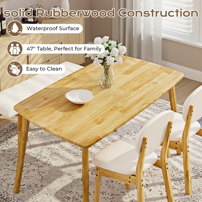 4 Piece Dining Table Set Solid Rubber Wood 2 Padded Chairs Bench Natural Kitchen gallery