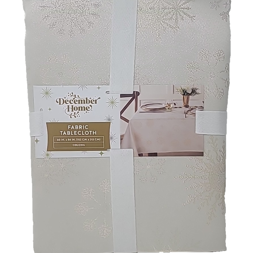 New Fabric Winter Table Cloth Off White Gold Sparkly Snowflakes 60 x 102 Inches gallery