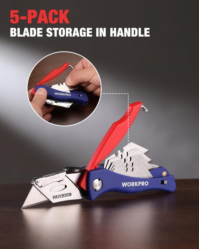 WORKPRO Folding Utility Knife 5PCS Extra Blade in Handle Quick-Change Box Cutter gallery