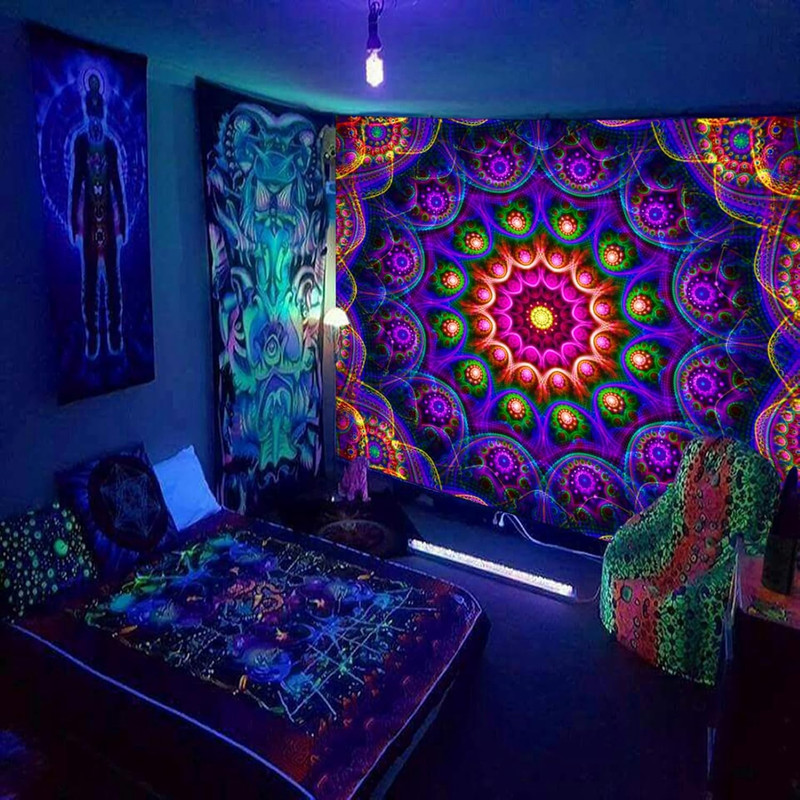 UV Reactive Mandala Tapestry Blacklight Trippy Boho Wall Decor 60x50 Inch gallery