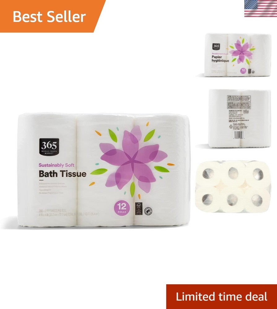 Soft Multi-Ply Bath Tissue, Hypoallergenic & 100% Recycled - 12 Rolls Package