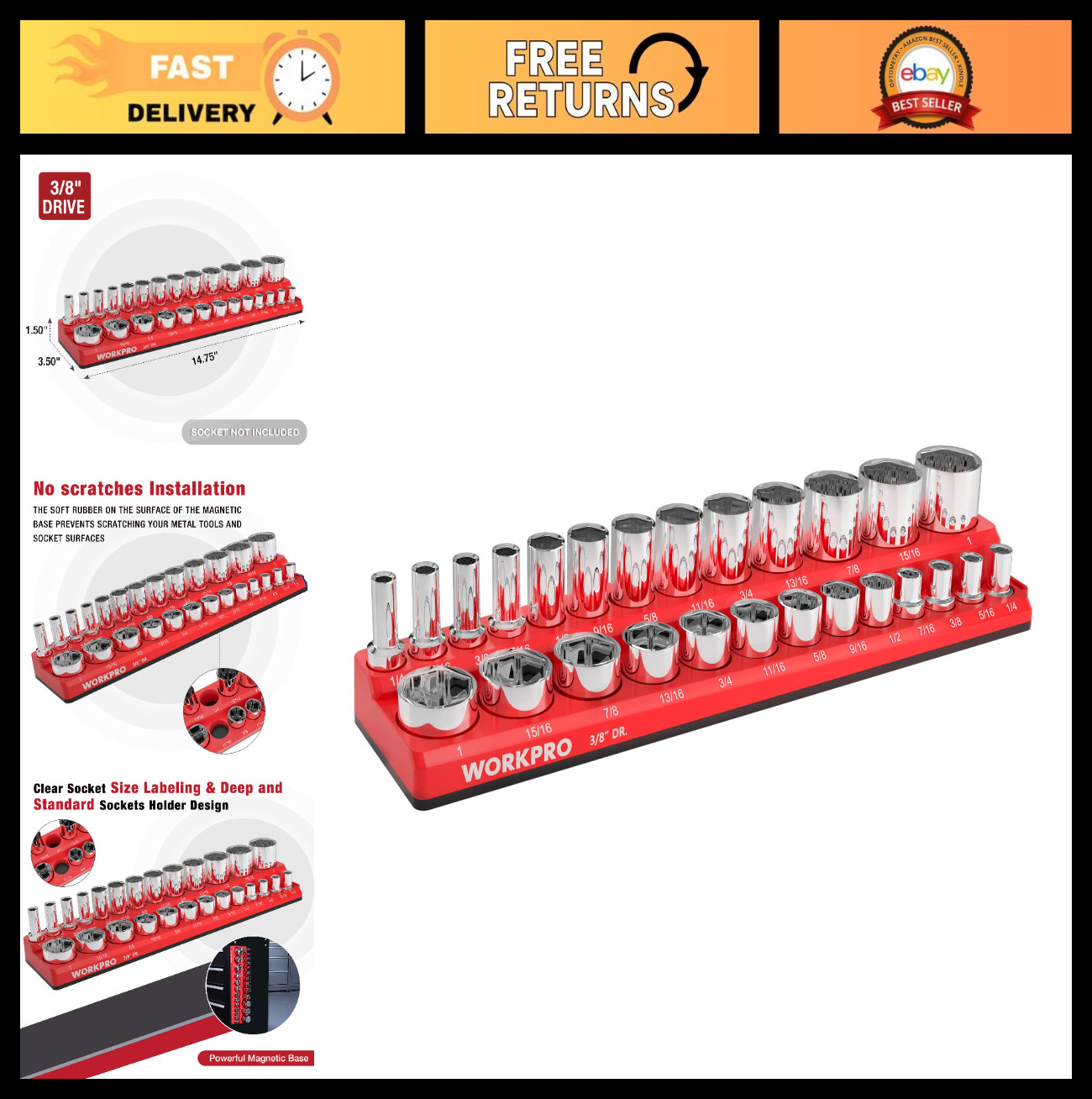Magnetic Socket Organizer Tray - 3/8" SAE Holder for 26 Standard & Deep Sockets gallery