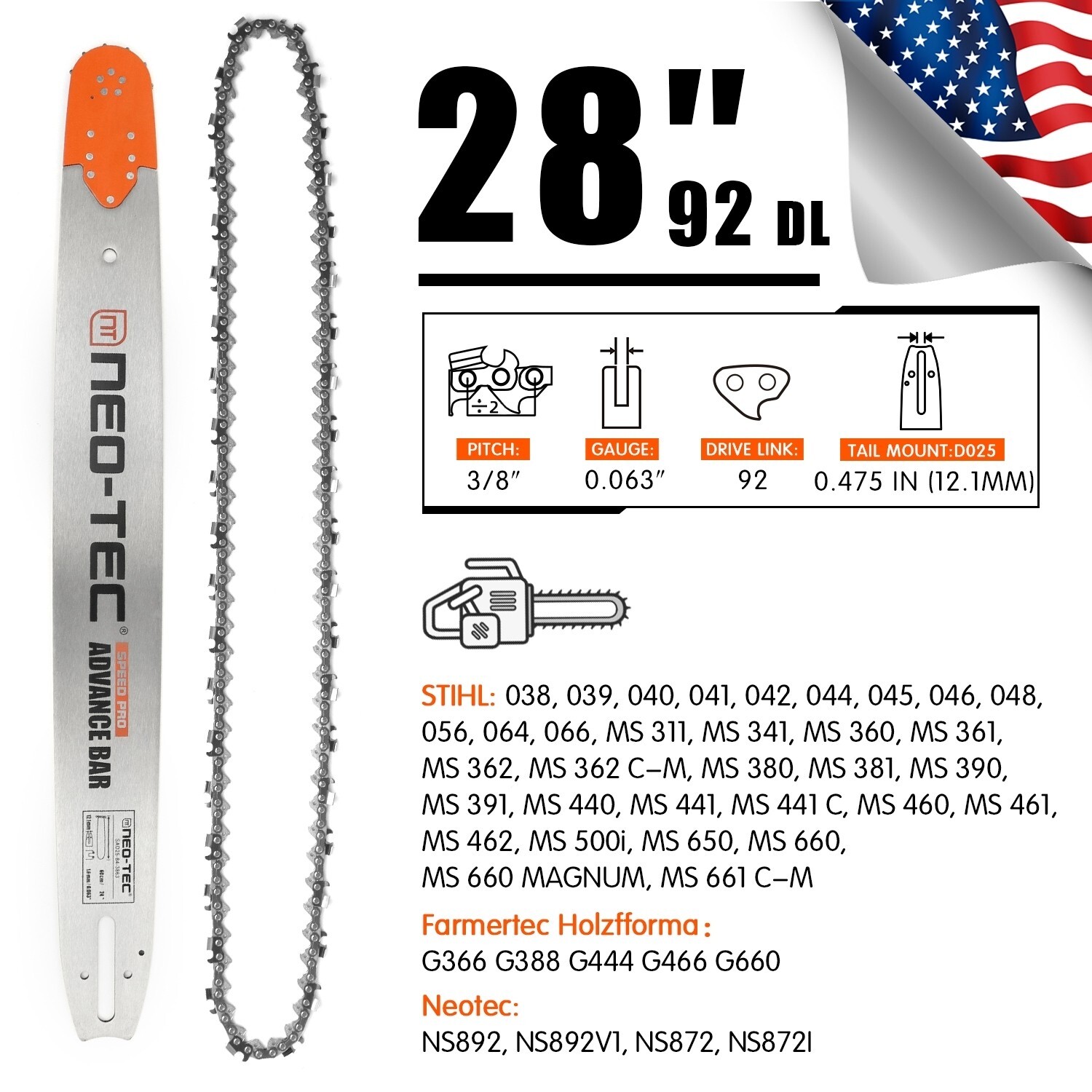 28'' Chainsaw Guide Bar 3/8" 0.063" 92DL Saw Chain For Holzfforma G444 G466 G660 gallery