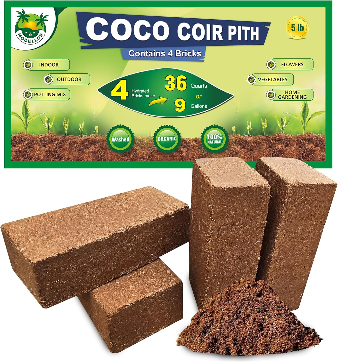 4 Bricks (5 Lb) Premium Super Washed Coco Coir, Yields 9 Gallons, Seed Starter, gallery