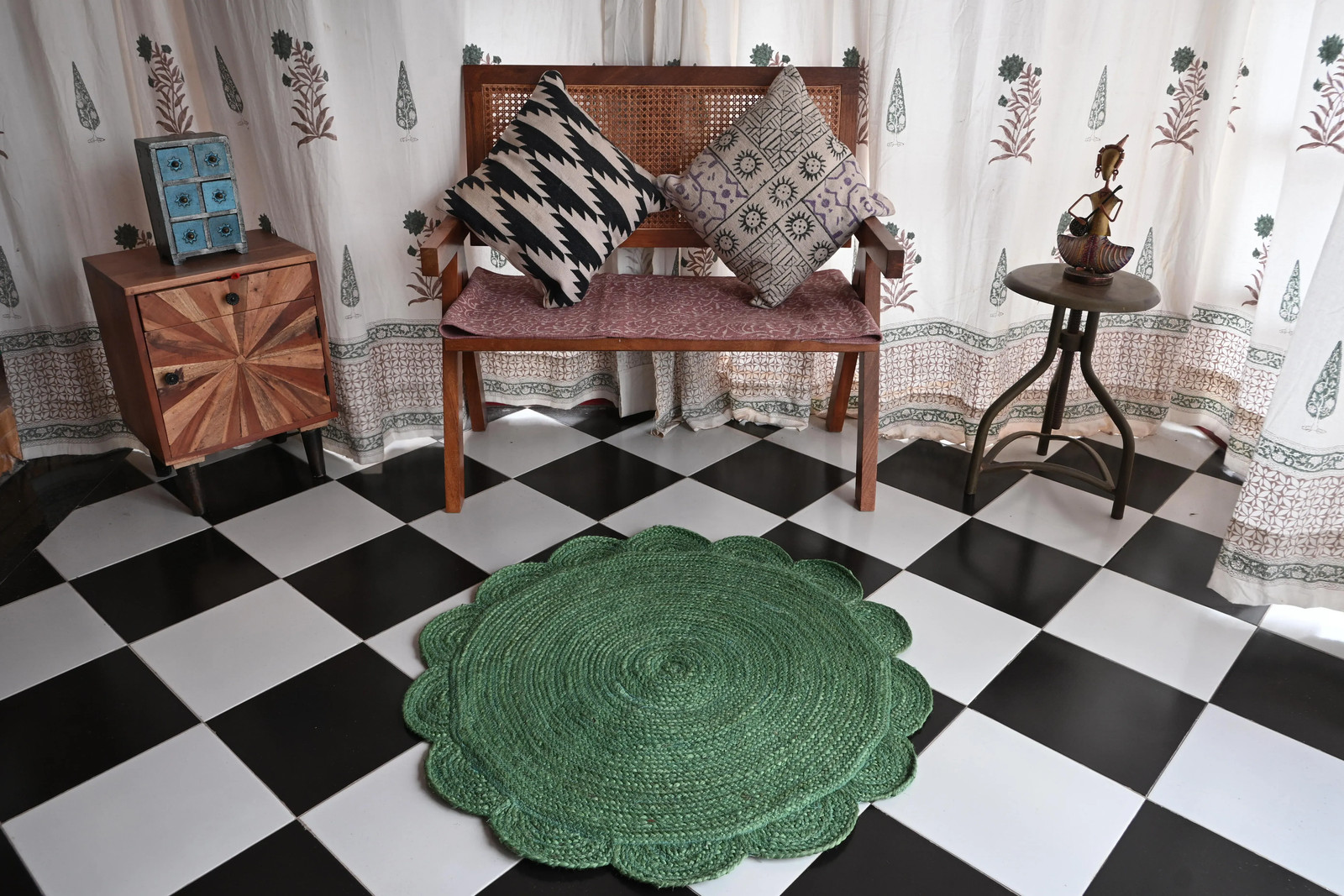 Rugmoda Green Jute Scalloped Rug 3x3 ft Round Braided Living Room Bedroom Rug gallery
