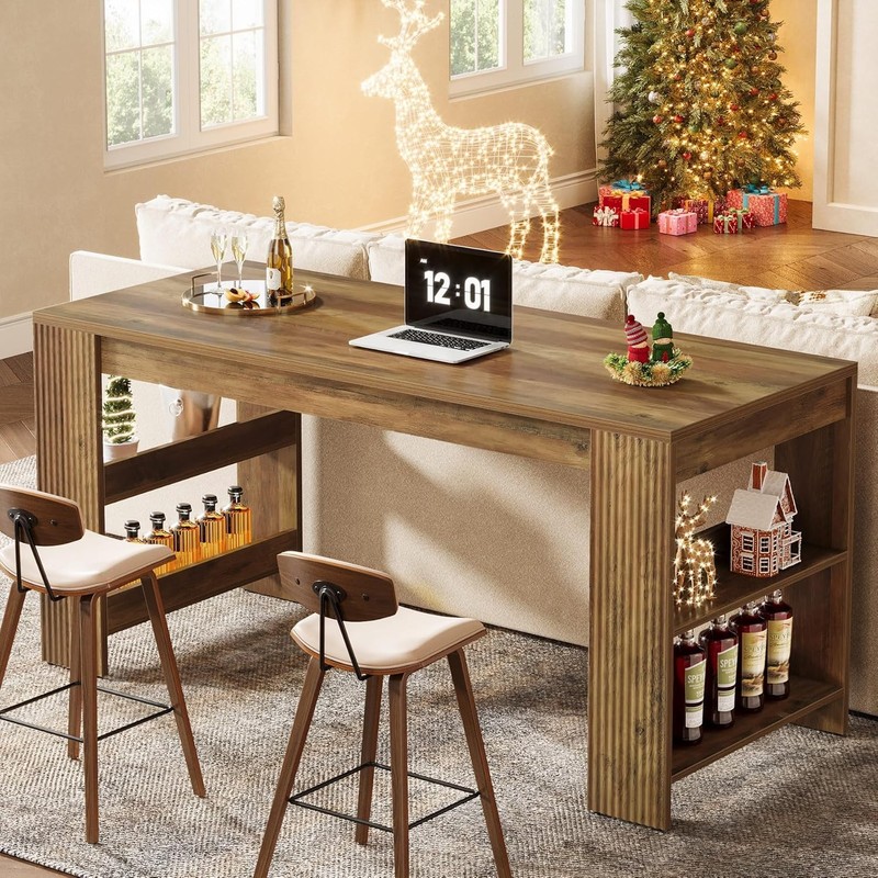 63-Inch Farmhouse Bar Table Rustic Counter Height Pub Table with Storage Shelves gallery