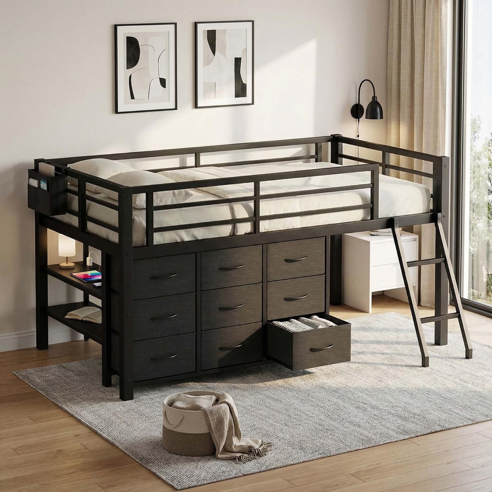 Twin Low Loft Bed W/ Storage Drawers Shelves LED Light USB Charging Station Blk gallery