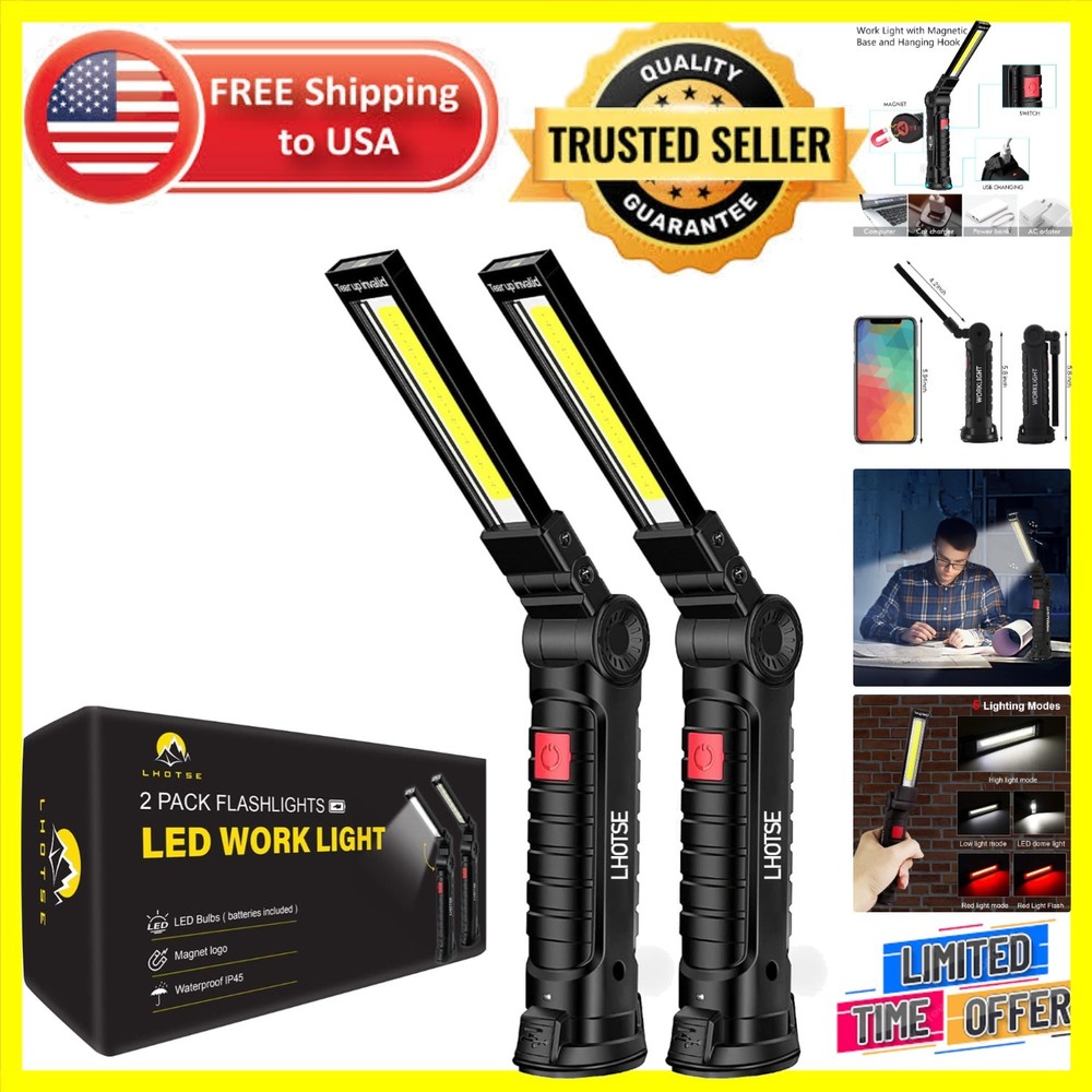 2-Pack 360° Rechargeable LED Work Lights with Magnetic Base & Hook for Mechanics