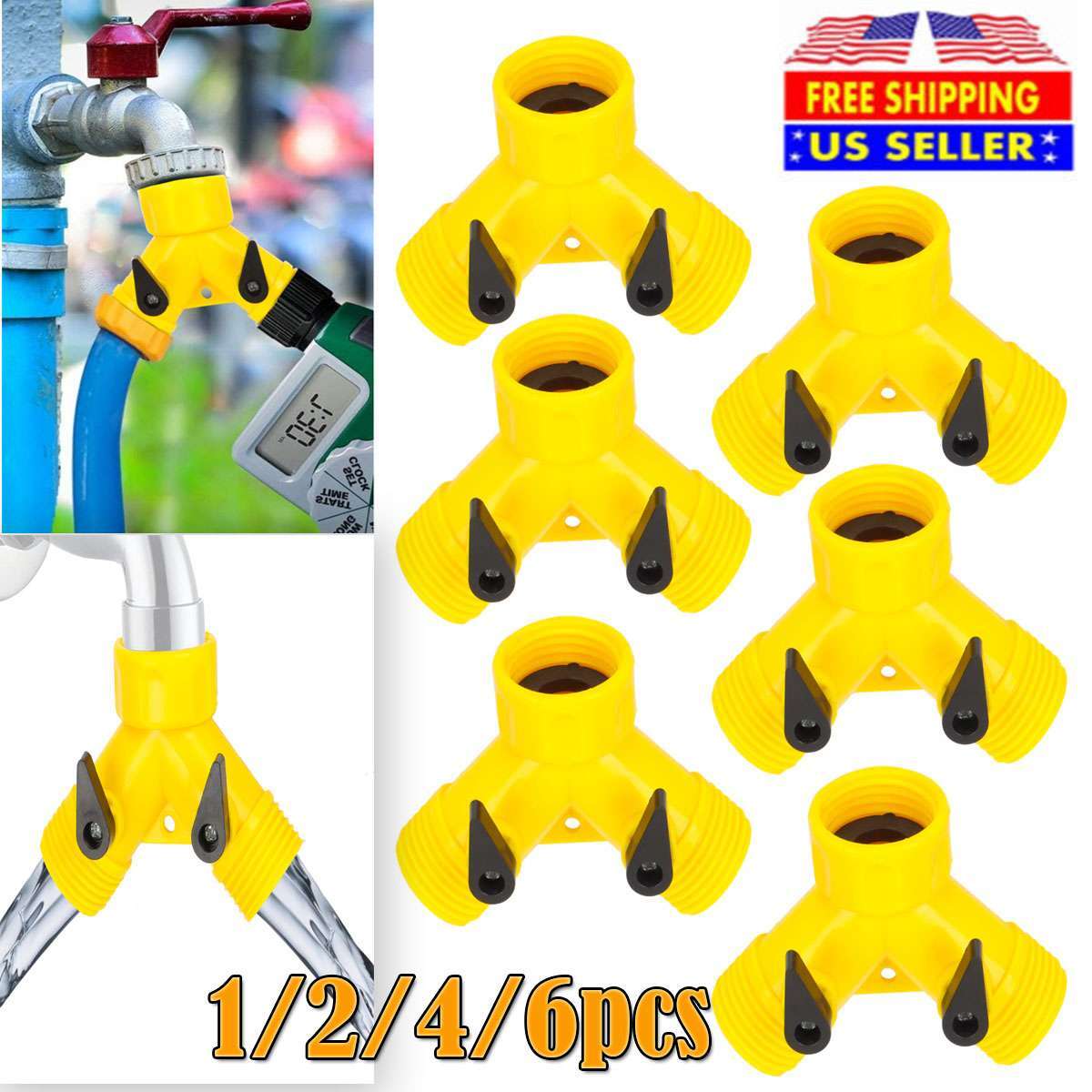 1-6pcs 3/4" Double 2-Way Tap Water Valves Garden Connector Adaptor Hose Splitter gallery