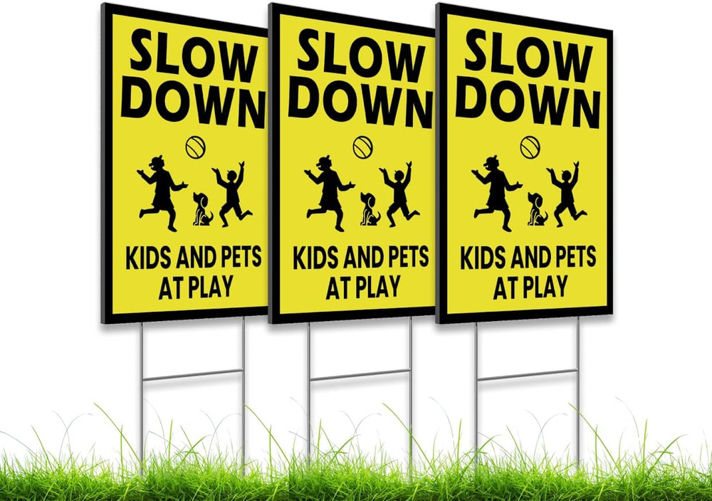 3 Pack Single Sided 8x12 Please Slow Down Kids and Pets at Play Yard Plastic ...