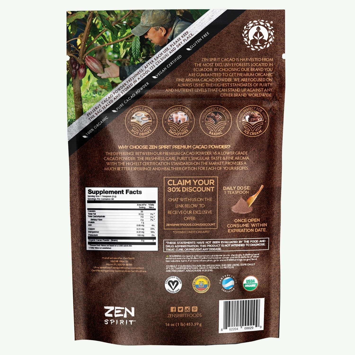 Cacao Powder Organic - 1 Pound - Unsweetened Premium Grade Superfood (Raw) - USD gallery
