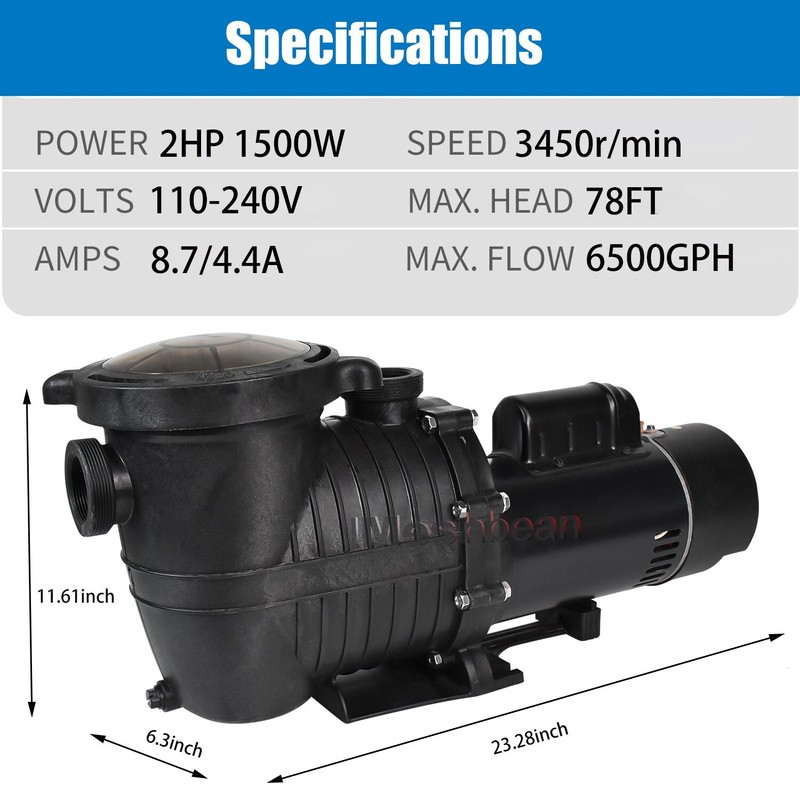 iMeshbean 2HP Inground Swimming Pool Pump 6500GPH 78ft Hmax 1 1/2in NPT 110-240V gallery