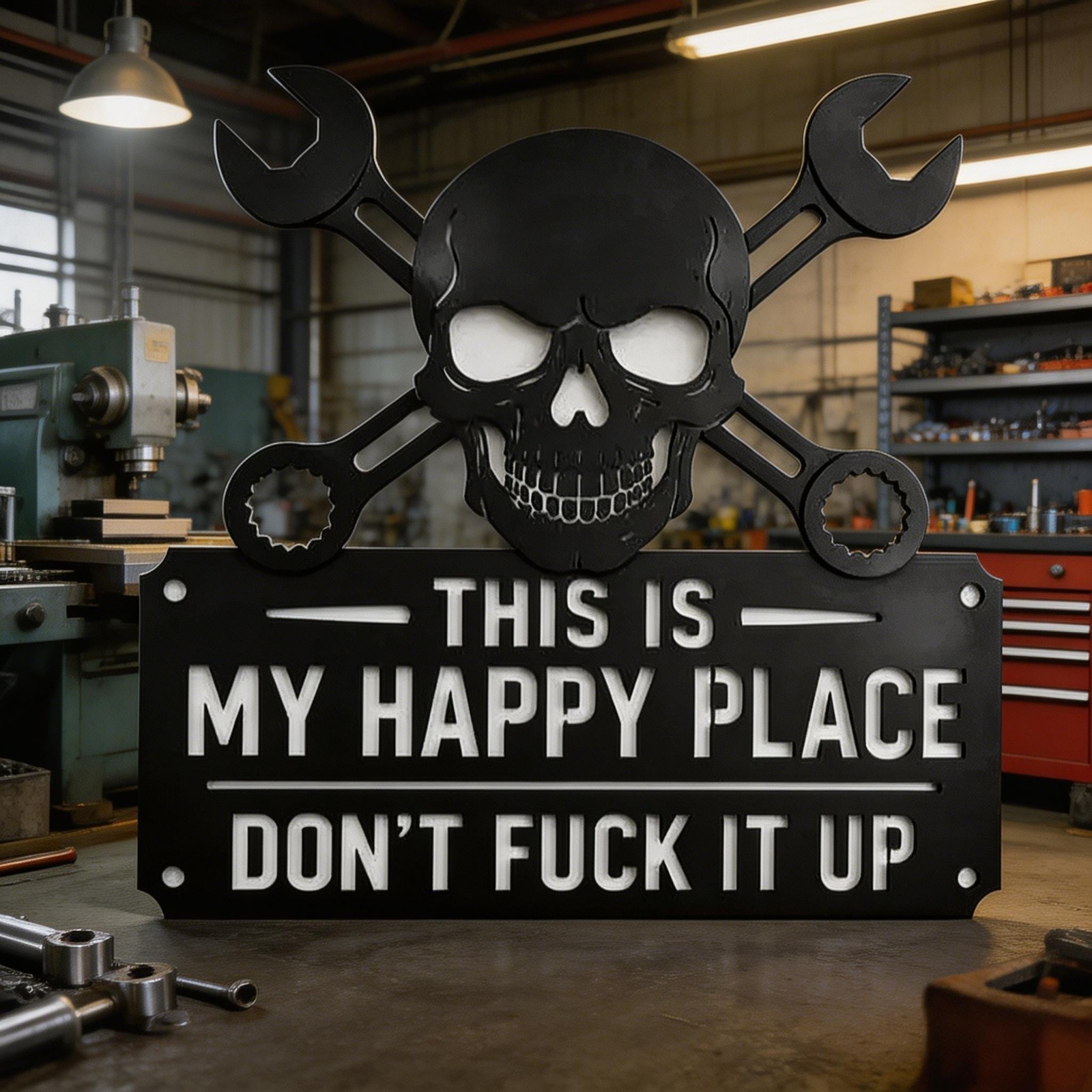 Edgy Skull Wrenches Metal Wall Sign This Is My Happy Place Garage Man Cave Decor gallery