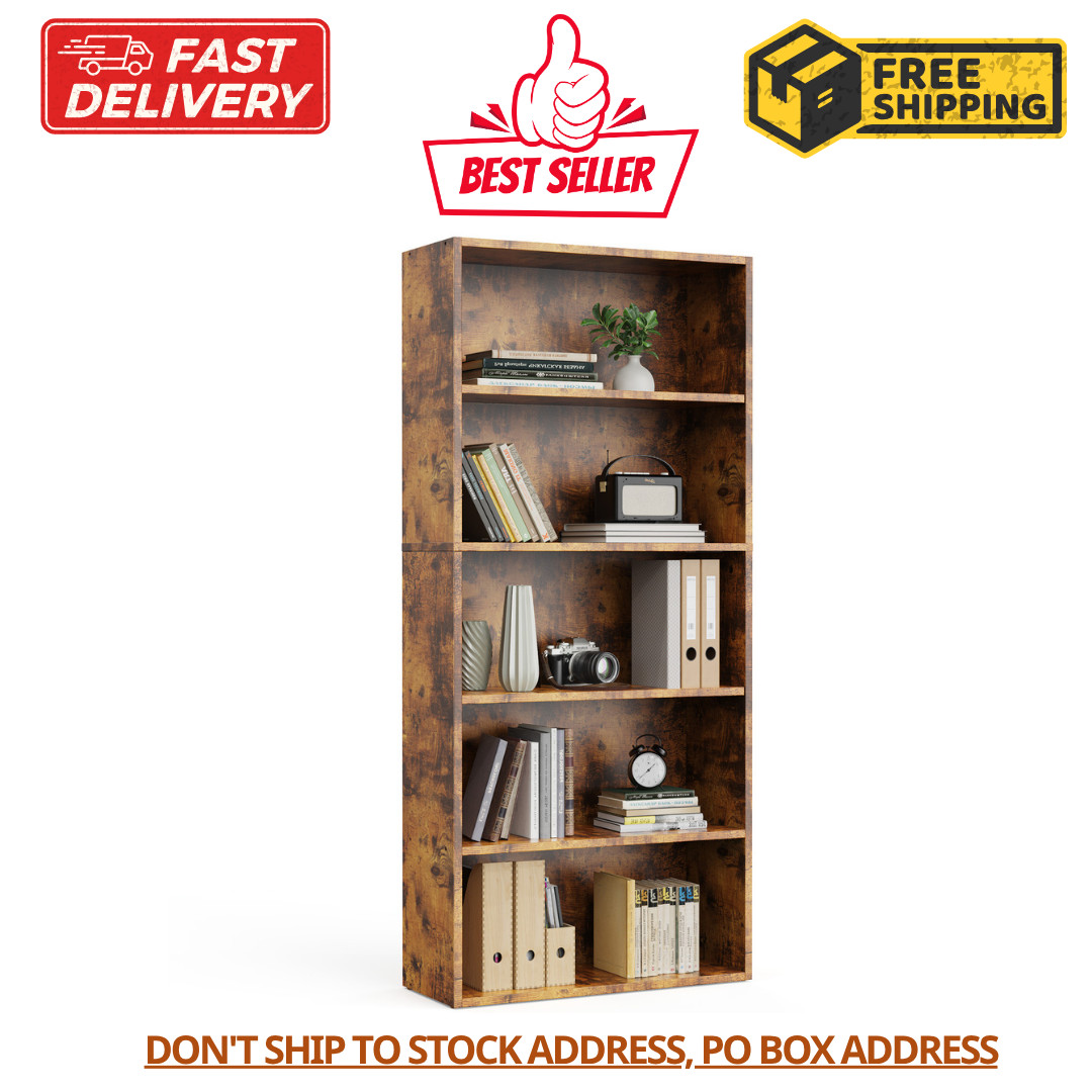 Bookshelf 5 Tier Storage Shelf Adjustable Bookcase Open Wood Magazine Organizer gallery