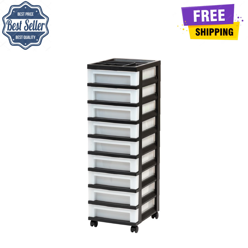 IRIS 9-Drawer Narrow Plastic Storage Drawer Cart with Organizer Top, Black New gallery