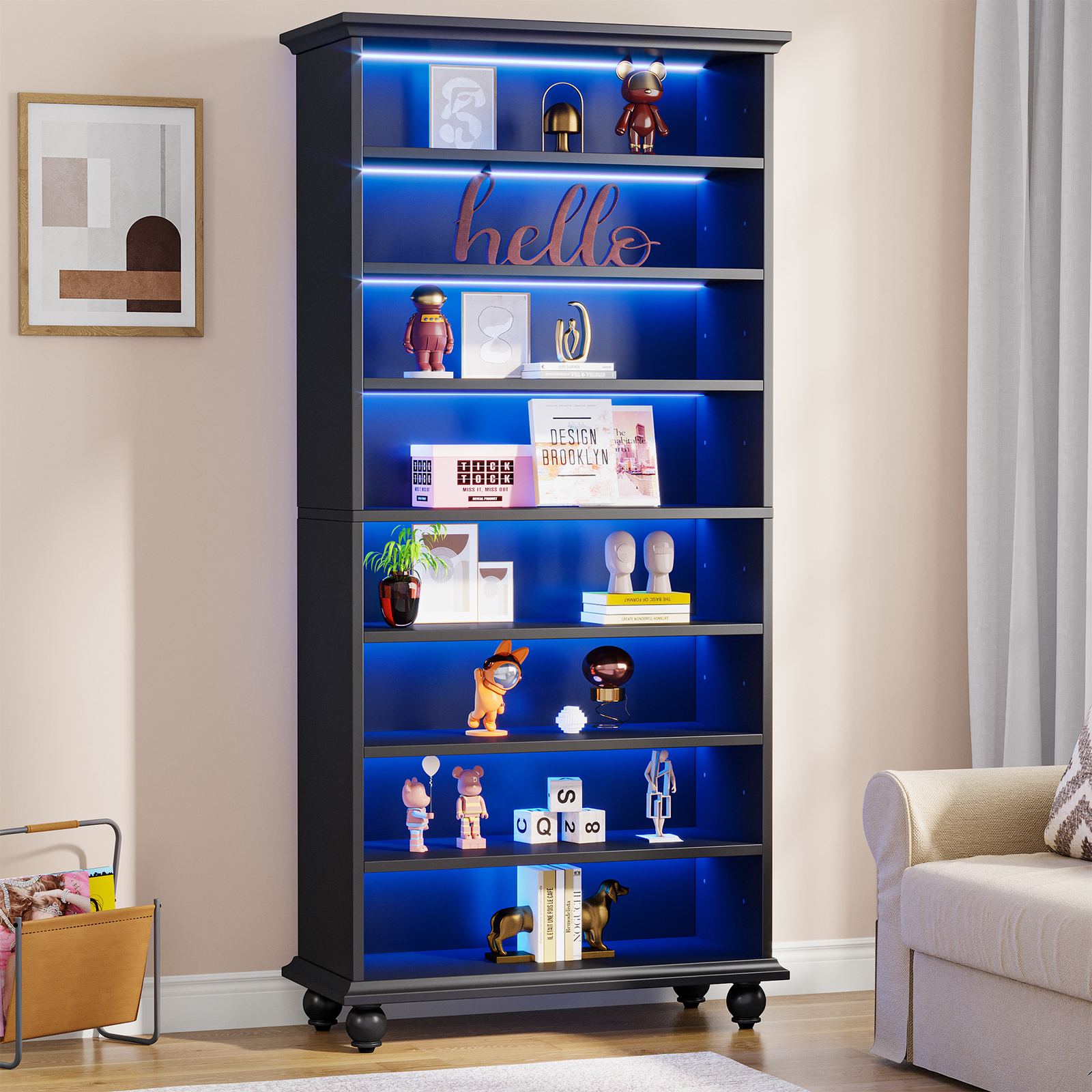 Tribesigns 69" Tall Bookcase with LED Light, 8-Tier Wood Bookshelf Display Shelf gallery