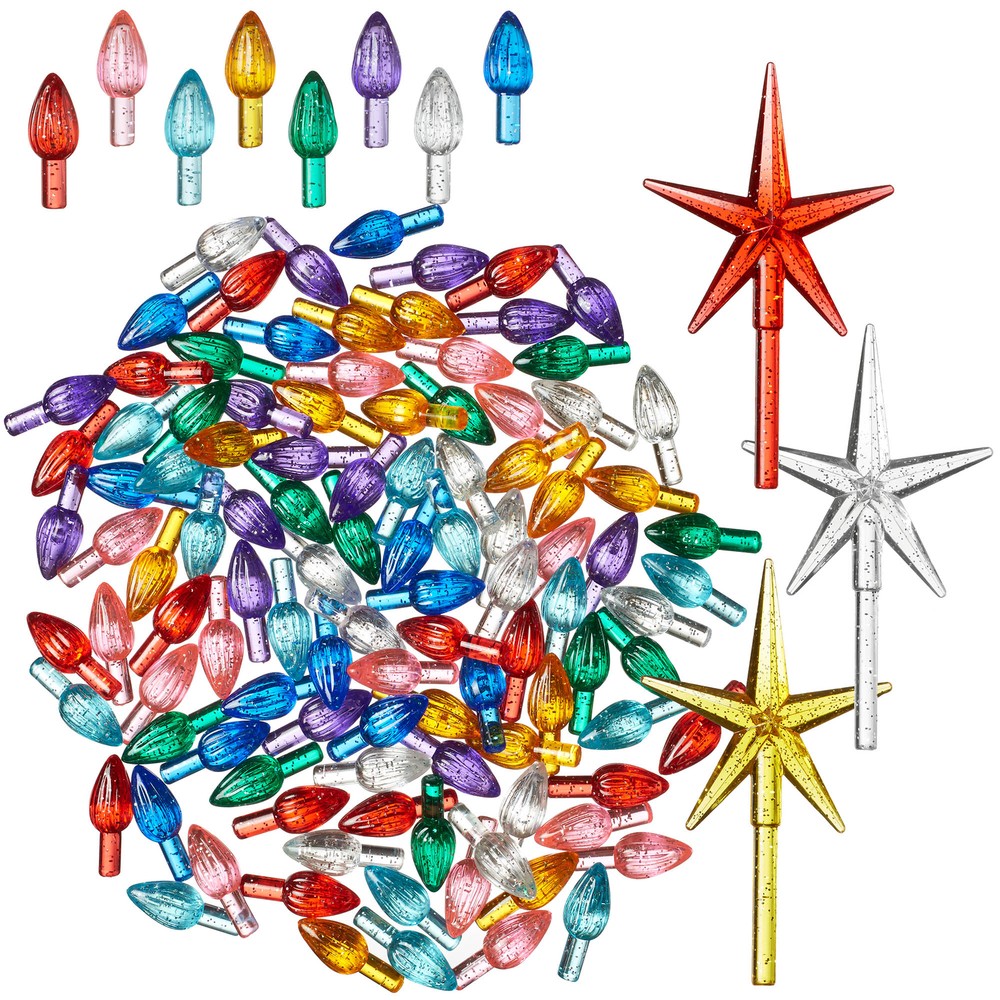108 Replacement Silver Glitter Ceramic Christmas Tree Light Bulbs 3 Star Toppers