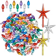108 Replacement Silver Glitter Ceramic Christmas Tree Light Bulbs 3 Star Toppers