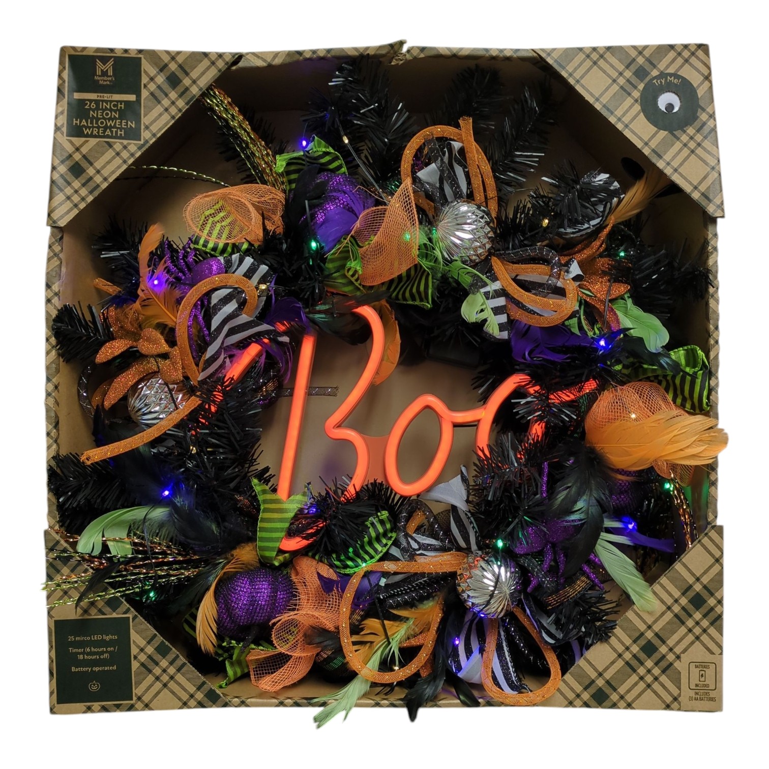 Member's Mark 26" Pre-Lit Neon Halloween BOO Wreath gallery