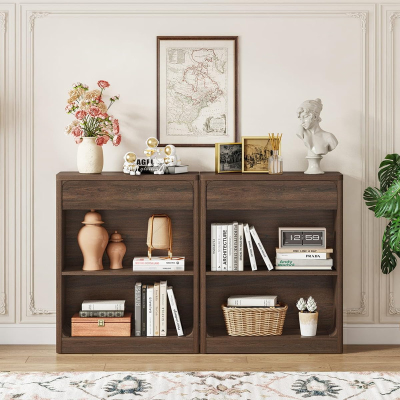 Rustic 3-Tier Bookshelf with Drawer - Modern Wood Storage Unit, Dark Walnut gallery