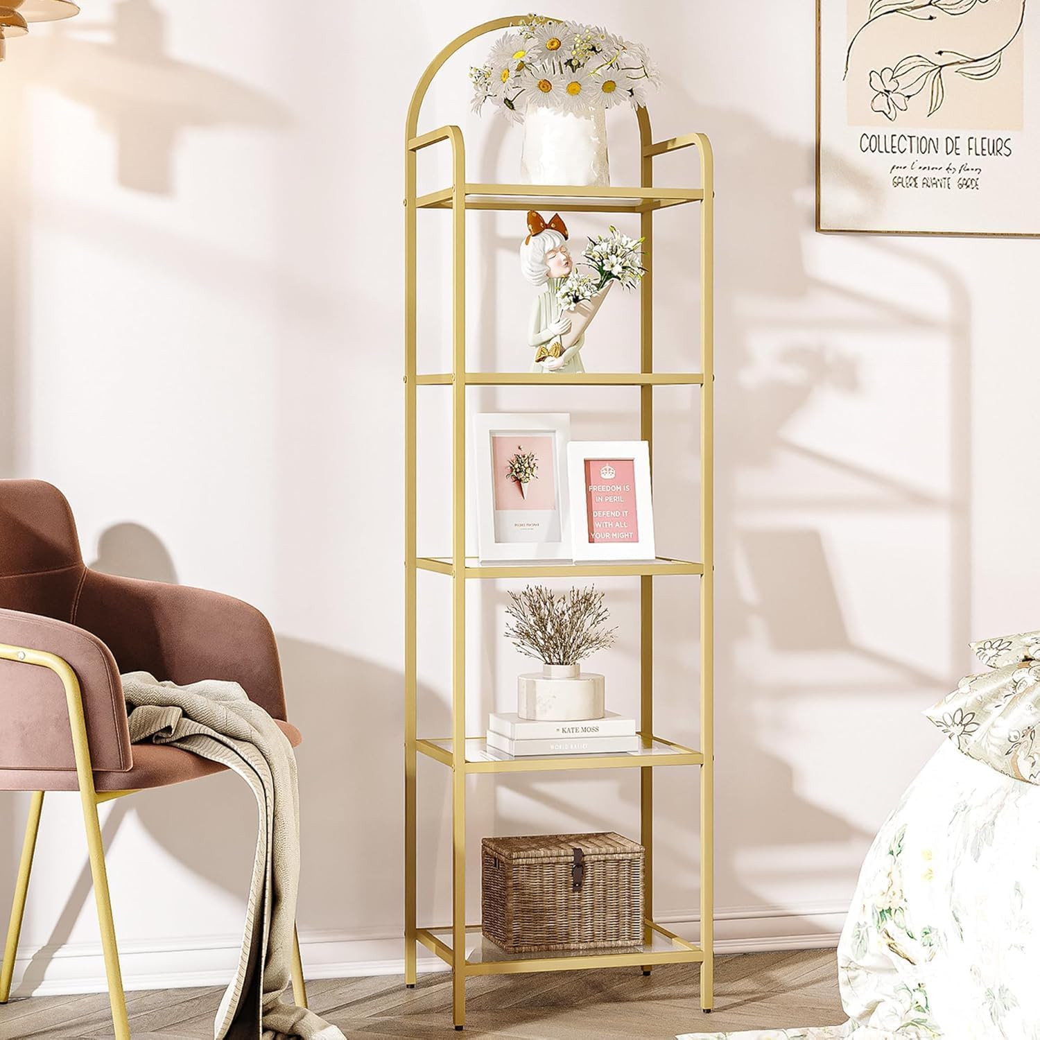 Bookcase Bookshelf, Tempered Glass Bookshelves, Slim Shelving Unit for Bedroom, gallery