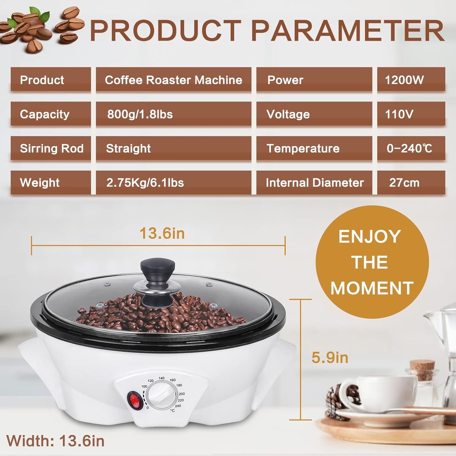 Electric Coffee Bean Roaster for Home Use 1.1lb Capacity Temperature Control (0- gallery