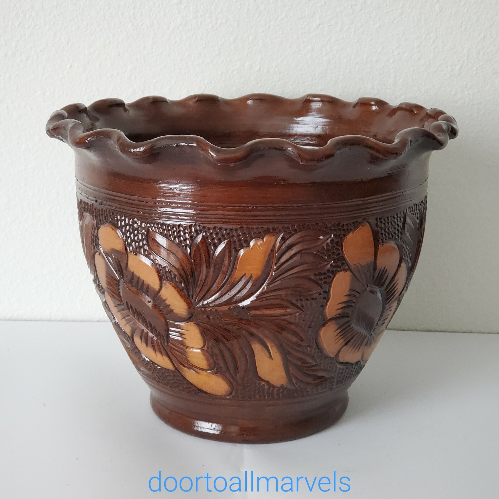 VTG KOROND Transylvania Flower Pot Clay Planter Hand Thrown &Carved Signed Med gallery
