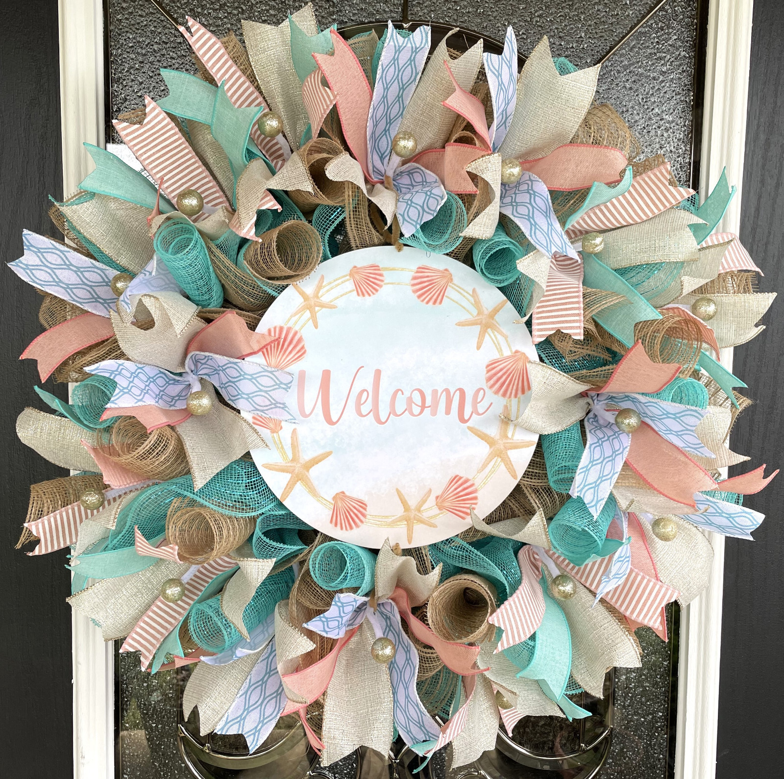 Welcome Aqua & Coral Beach Spring Summer Fall Deco Mesh Wreath, Starfish Shells gallery