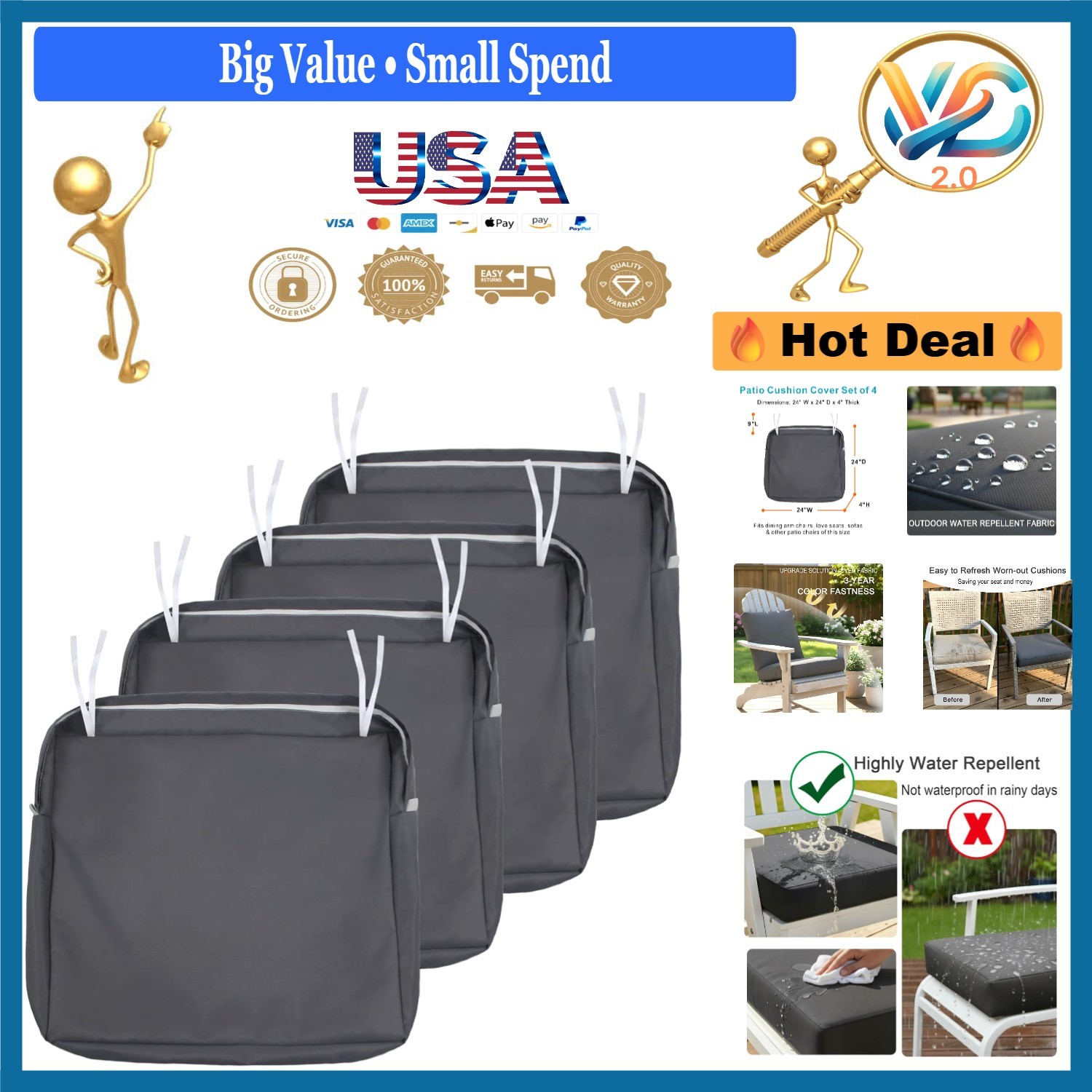 4 Pack Grey Water-Resistant Patio Cushion Covers 24x24x4 Inches Zipper gallery