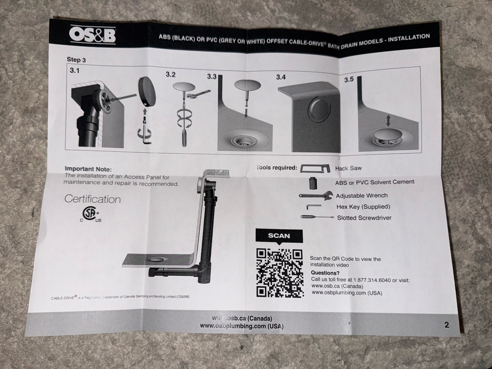 OS&B 2 In 1 OFFSET WASTE & OVERFLOW CABLE-DRIVE KIT WHITE EURO STYLE BATH gallery