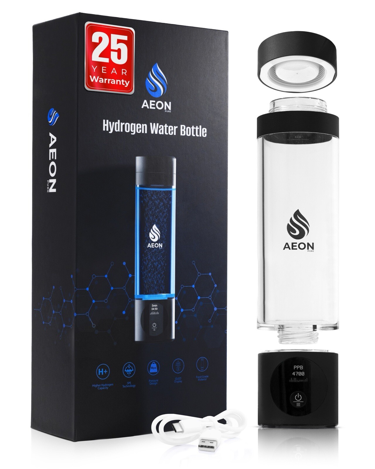 AeonPure Hydrogen Water Bottle Generator -SPE&PEM Rechargeable- 4.5PPM, Black gallery