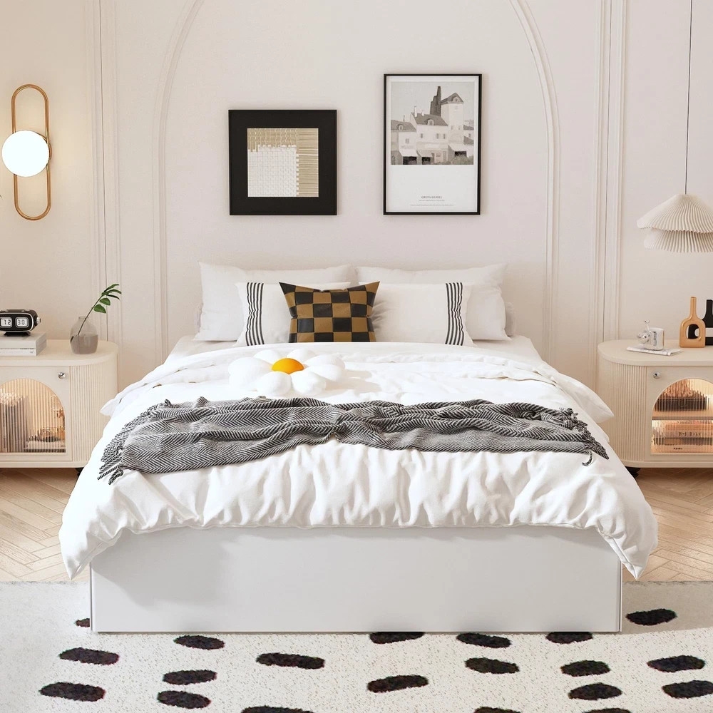 Bed Frame Queen 14 Inch 3000 lb Heavy Duty Metal Black Maenizi Size White Fabric gallery