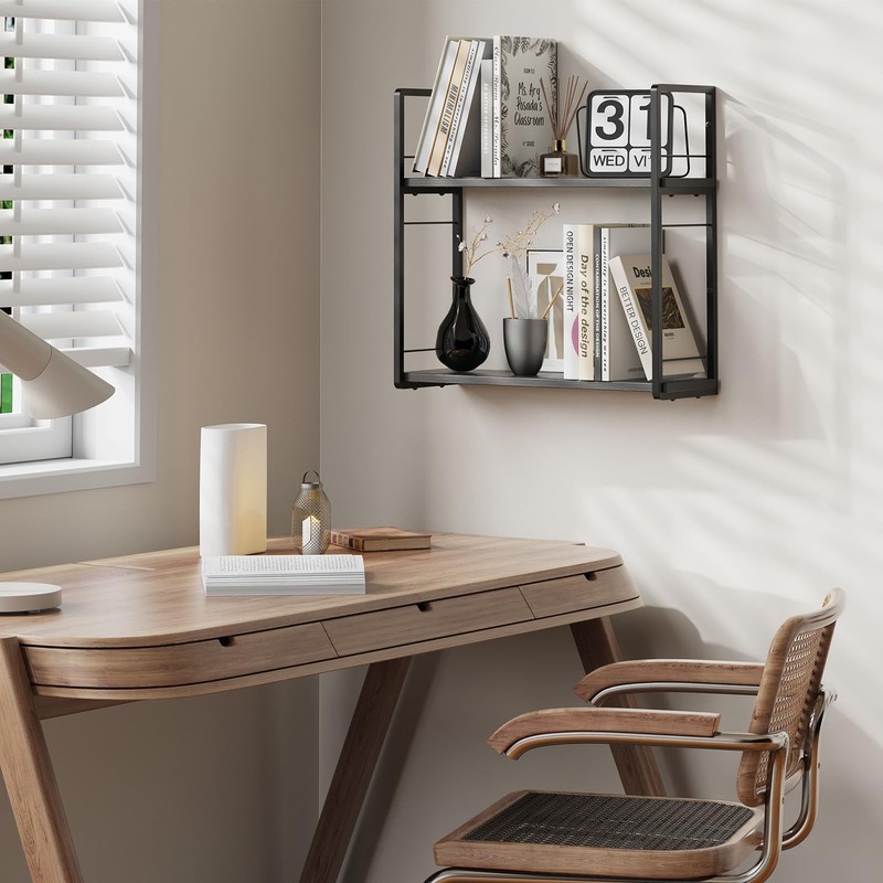 2Layer Floating Bookshelf 16 Inch Stud Wall Mount Hanging Shelf Black gallery