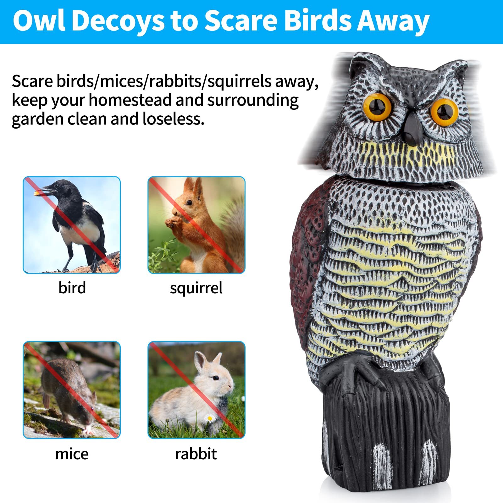 Owl Decoys with 360 Rotating Head to Scare Birds & Squirrels Garden Use gallery