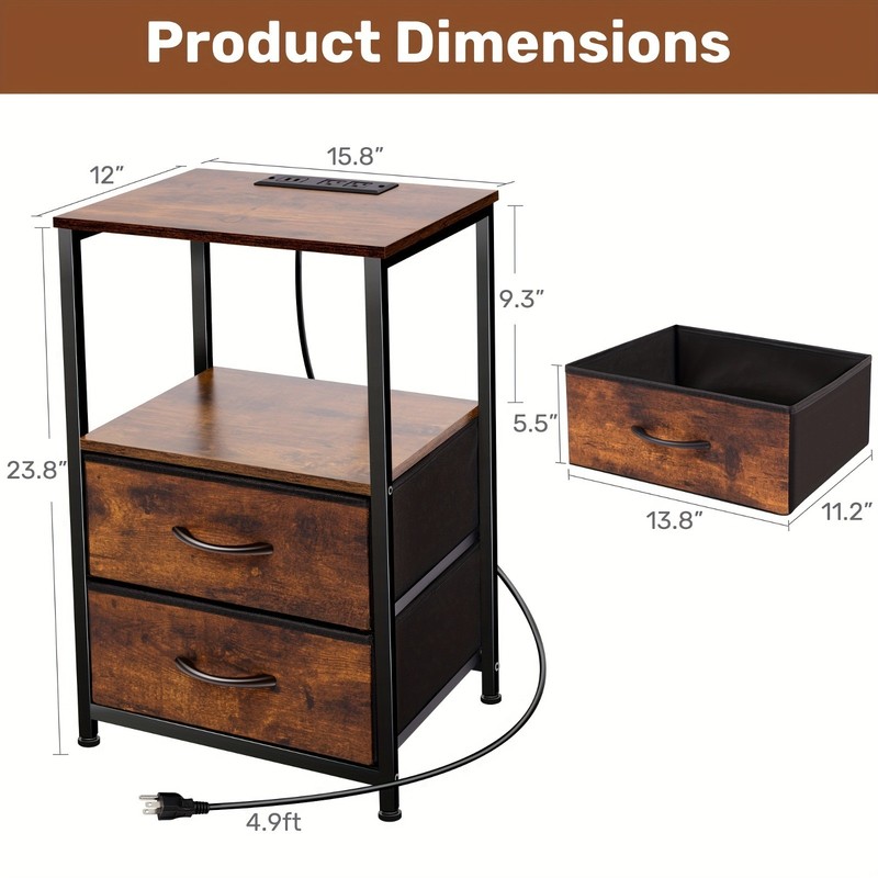 LED Nightstand Retro Bedside Table WIth Charging Station 2 Drawers Storage Black gallery