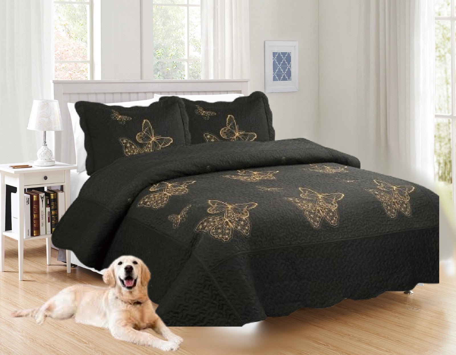 Nena 3pc Heavy Quilt Set Butterfly Gold Stitching Reversible Bedspread gallery