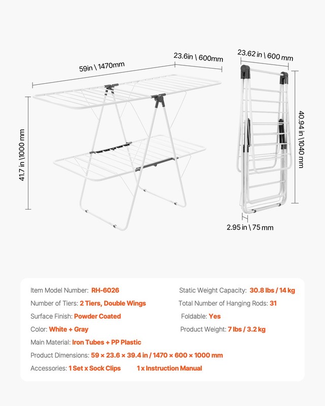 2-Tier Foldable Clothes Drying Rack with Sock Clips & 31 Drying Rods White gallery