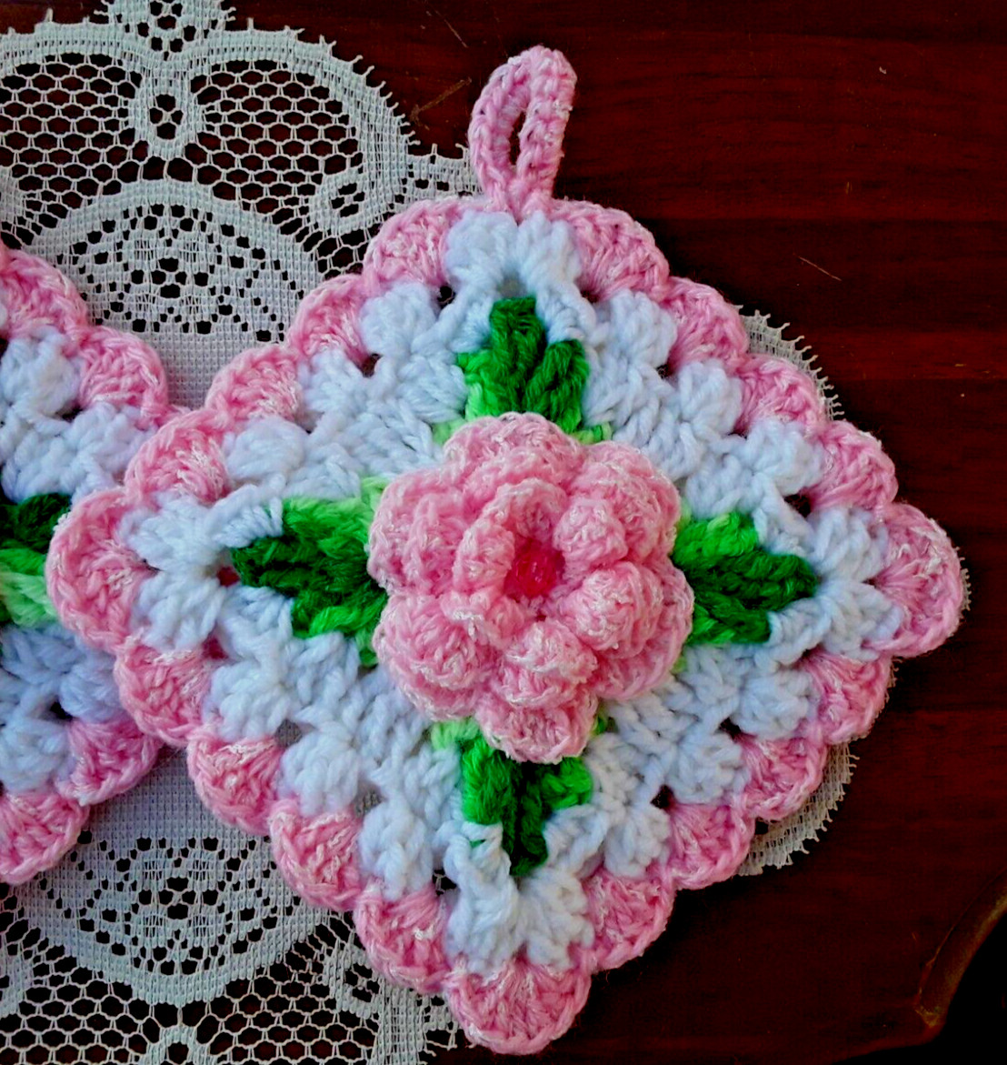 New Handmade Crocheted Set 2 Irish Rose Potholders Frosted Pink White Green Bead gallery