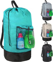 Turquoise Laundry Backpack with Mesh Pocket, Adjustable Straps and Drawstring Cl