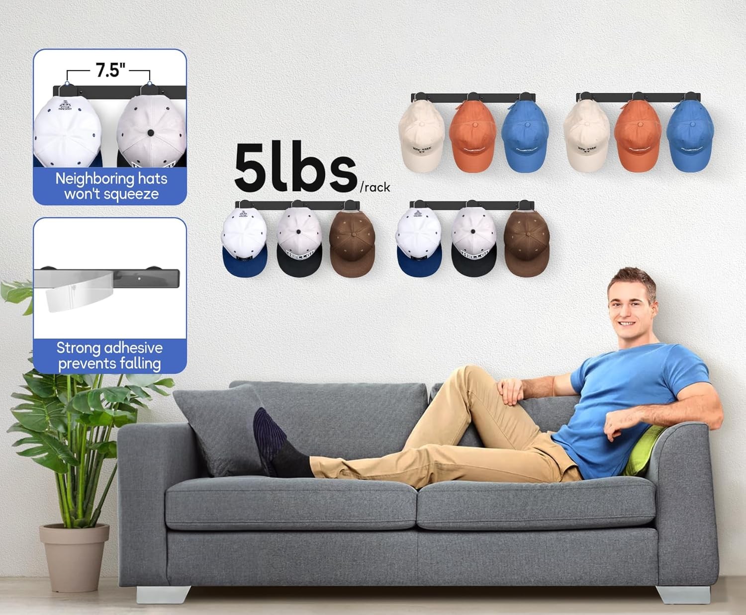 4 Packs Hat Rack for Wall, Hat Organizer for Baseball Caps Holds 36 Hats, 3 Moun gallery