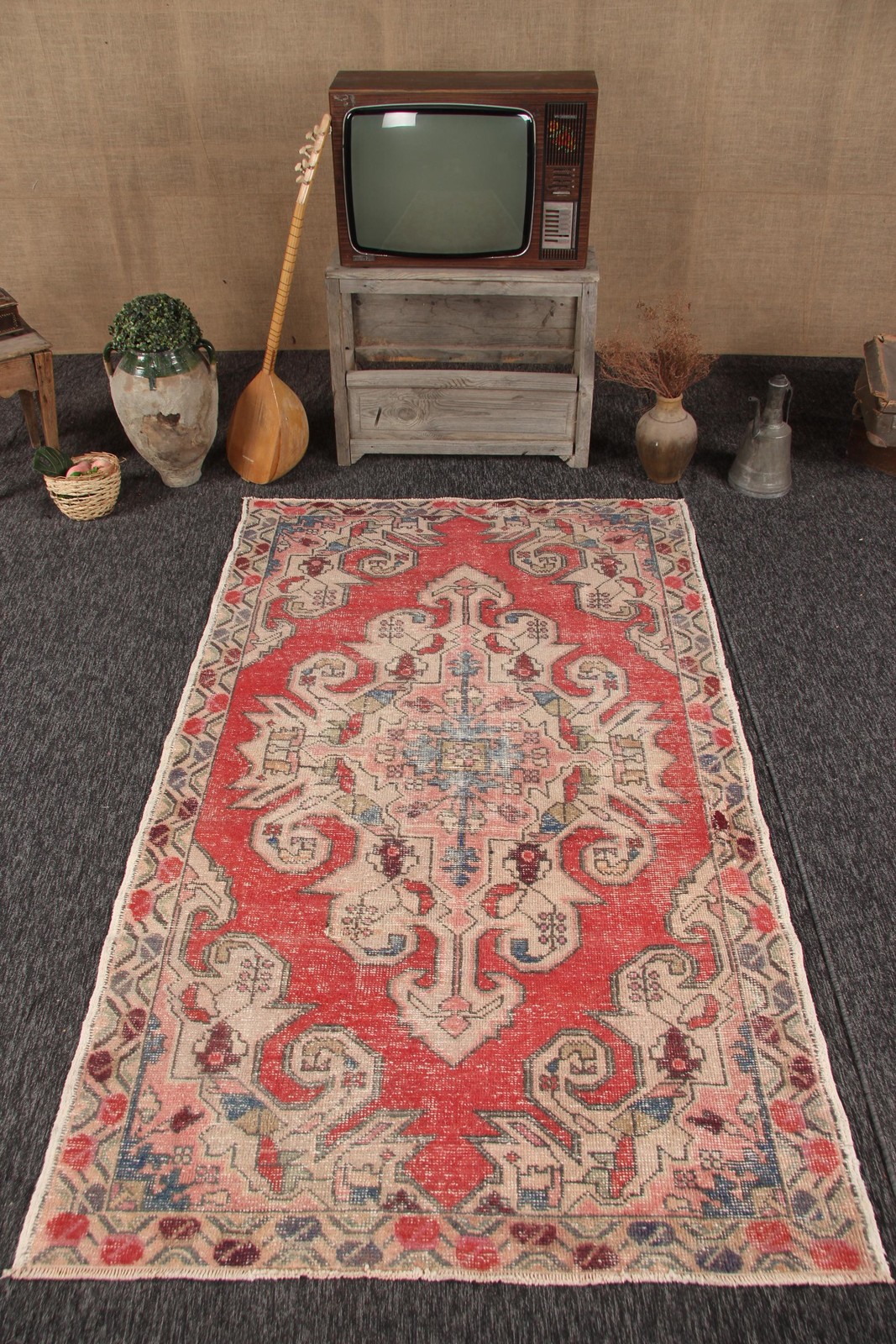 4,3x7,3 ft Vintage Rug, Rug, Red Patchwork Rug Wool gallery