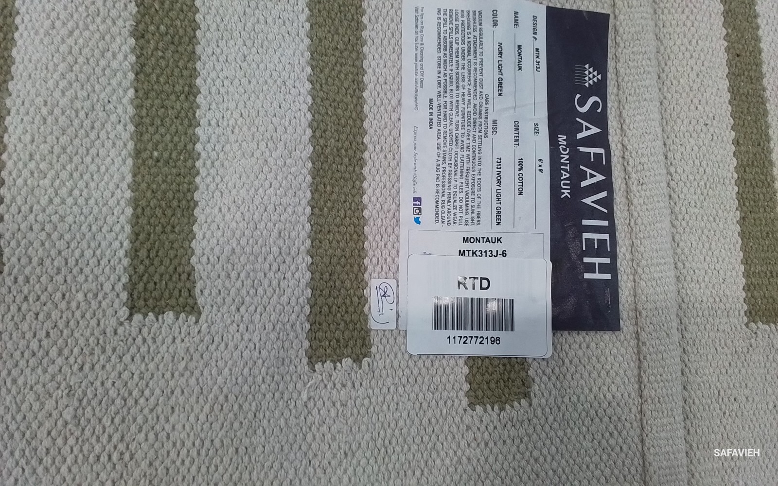 IVORY / LIGHT GREEN 6'-0" x 9'-0" Damaged Rug Reduced Price 1172772196 MTK313J-6 gallery