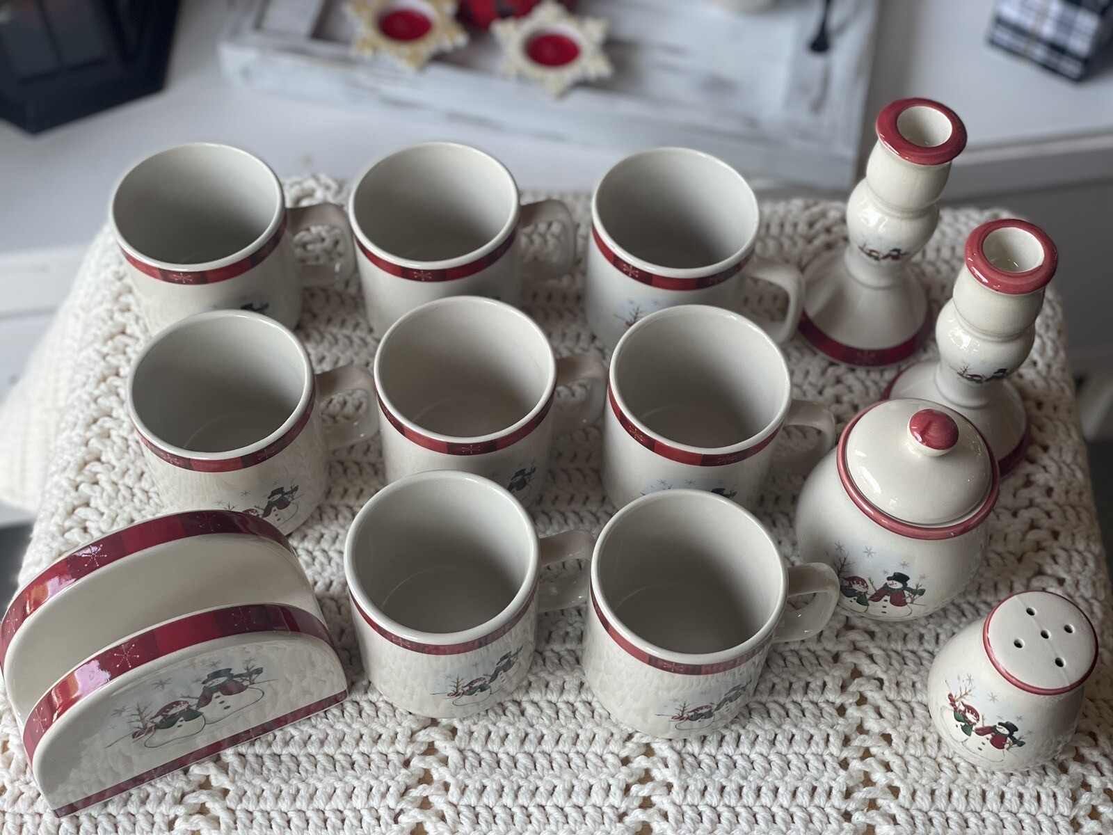 Royal Seasons stoneware - Snowmen 13 Misc Pieces 8 Mugs, Napkin Holder gallery